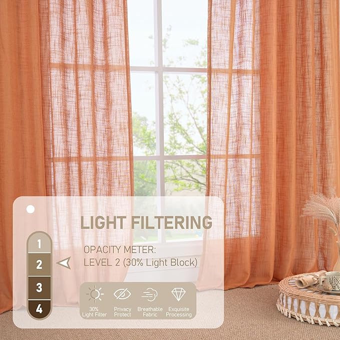 LAMIT Burnt Orange Linen Curtains for Living Room, 84 inch Length Light Filtering Semi Sheer Drapes Back Tab and Rod Pocket Farmhouse Panels for Bedroom, 2 Panels, 34 x 84 Inch