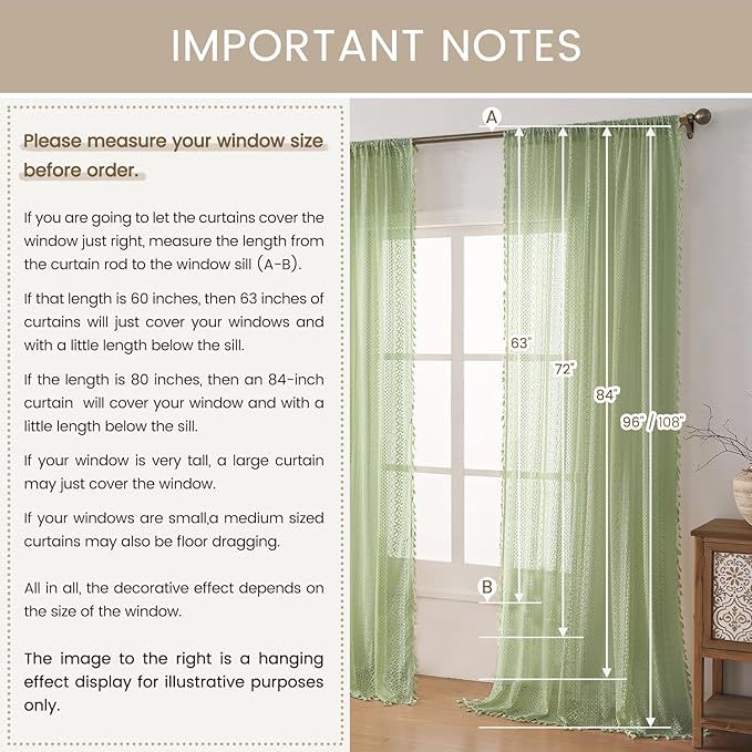 WAZZIO Boho Lace Curtains 84 Inches 2 Panel,Light Filtering Privacy Tassel & Geometry Crochet Semi Sheer Curtain Drapes for Bedroom Living Dining Room,Rod Pocket & Tassel,Grass Green