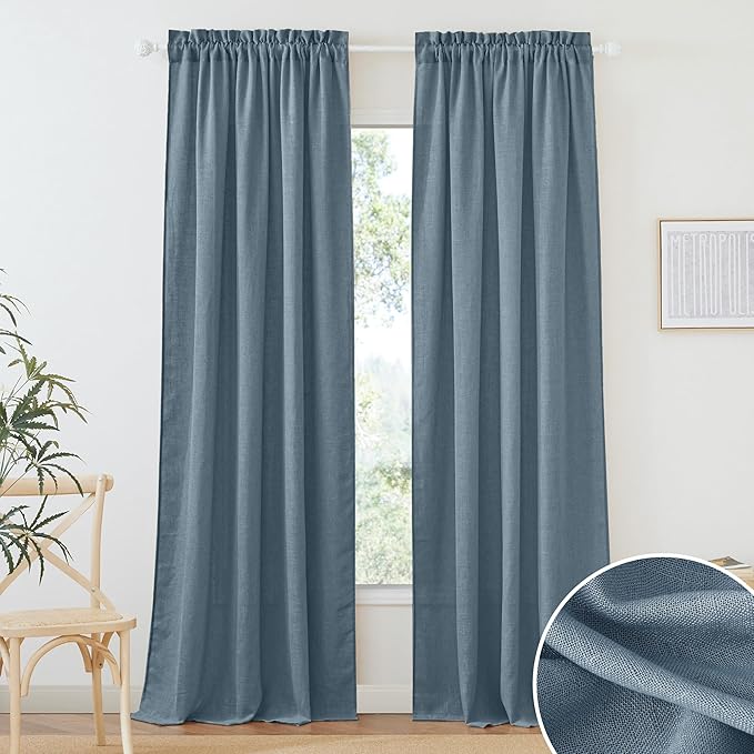 RYB HOME Stone Blue Sheer Curtains 84 inch Length Soft Linen Texture Curtains Light Glare Filering Privacy Window Decor for Living Room Sliding Door Picture Window, W 52 x L 84 inch, 2 Panels