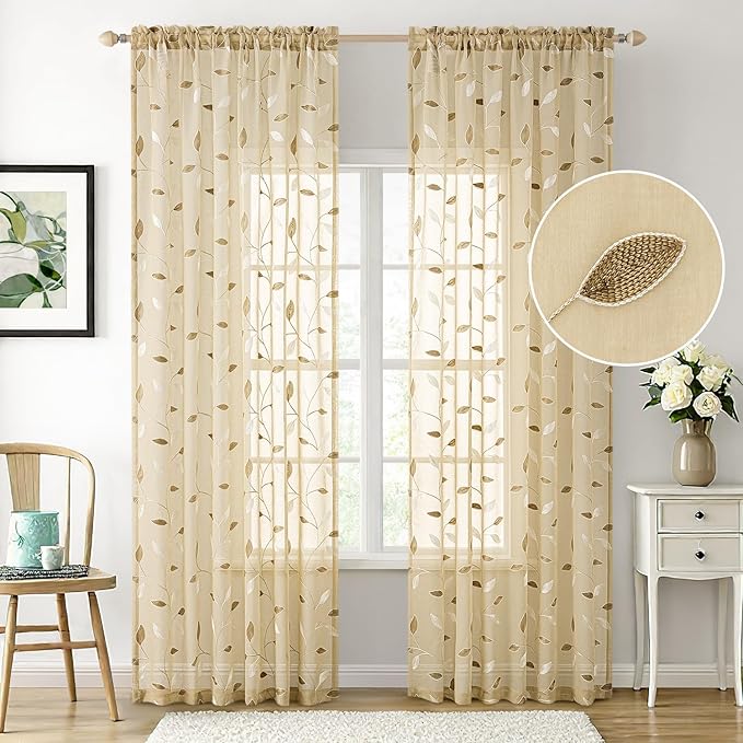 MIULEE Beige Sheer Curtains 2 Panels Embroidered Leaf Patterned Rod Pocket Floral Semi Sheer Faux Linen Window Curtains Drapes Set for Living Room Bedroom Dining Room, 52x84 Inches Long