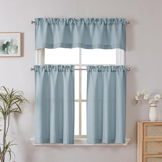 Chyhomenyc Short Curtain Valance for Windows, Light Filtering Faux Linen Textured Small Kitchen Window Curtain, Valance for Bathroom Laundry Basement, 60Wx12L inch, 1 Piece, Aqua with Greenish Tone