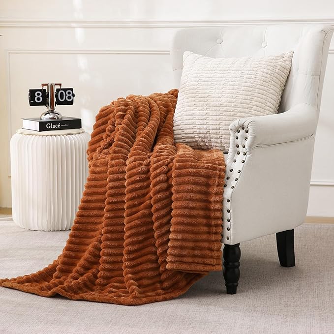 Burnt Orange Fleece Throw Blanket 50”×70” for Couch Sofa Bed,Super Soft Cozy Plush Microfiber Flannel Blanket with Stripes Design Lightweight for Adults,Woman,Girls