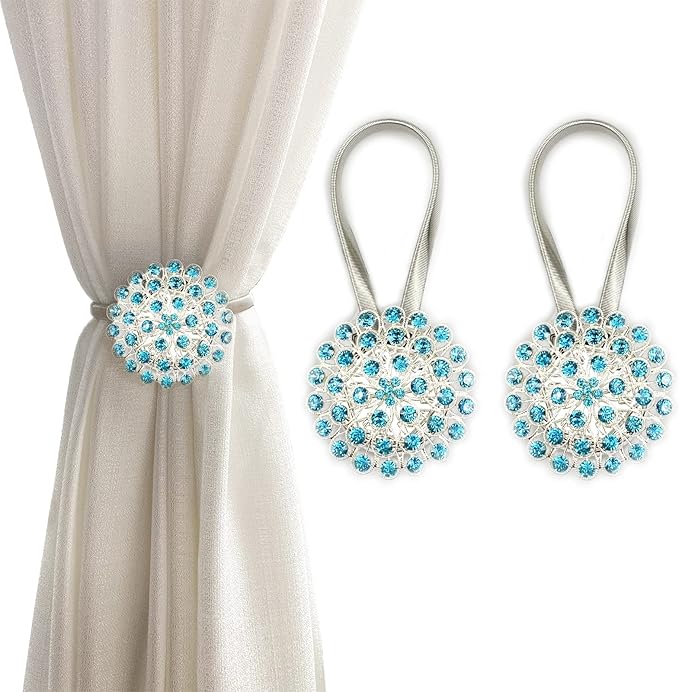 Magnetic Tiebacks for Curtains, 2 Pack Sparkling Crystal Flower Curtain Tiebacks Curtain Buckle Clips with High-Elastic Spring Wire for Home Office Decoration (Peacock Blue)
