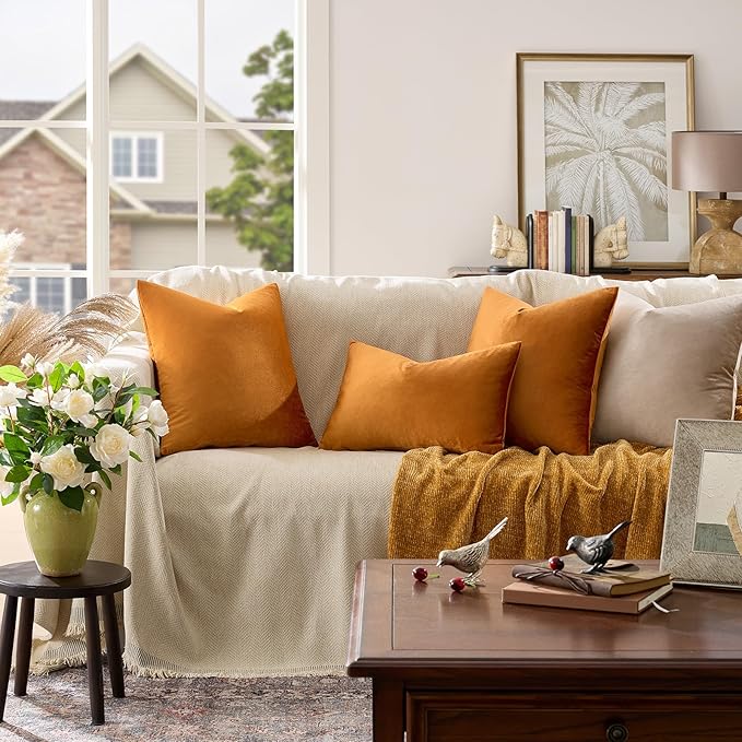 GIGIZAZA Decorative Throw Pillow Covers for Sofa,Cinnamon Burnt Orange Velvet Bed 2 Pack Soft Cushion Cover