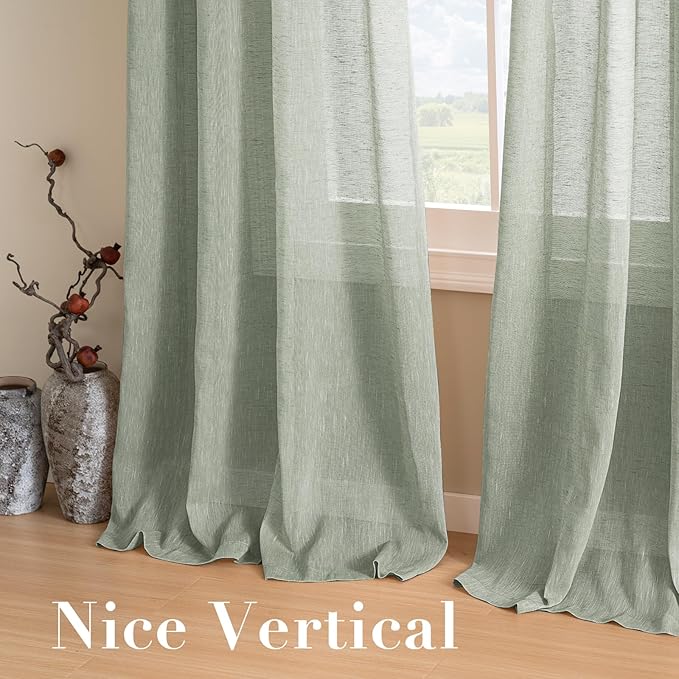 H.VERSAILTEX Linen Curtains Natural Linen Blended Curtain Panels for Living Room/Light Reducing Linen Semi Sheer Curtains 54 inch Length 2 Panels Set Nickel Grommet Window Panels, Sage