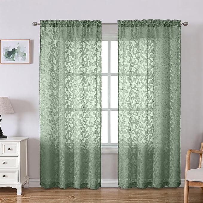 Lecloud Leia Sage Green Sheer Curtains 78 Inches Long 2 Panels, Privacy Airy Voile Jacquard Leaf Textured Curtains, Dual Rod Pockets Farmhouse Drapes for Living Room Bedroom, Each 42" W x 78" L