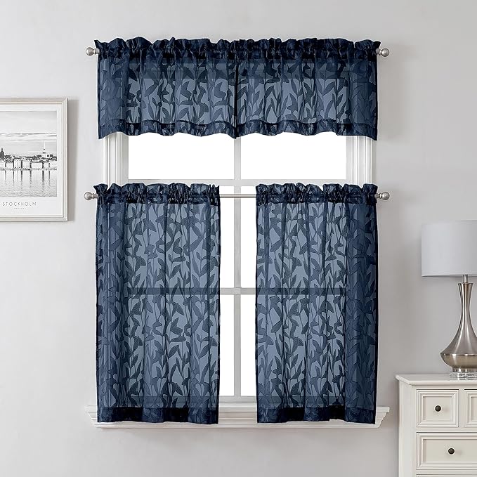 Lecloud Leia Navy Blue Valances for Windows 18 Inch Length 2 Pcs, Dual Rod Pocket Sheer Curtains Kitchen Curtains, Jacquard Leaf Textured Cafe Curtains Drapes for Bathroom, Each Panel 28" W x 18" L