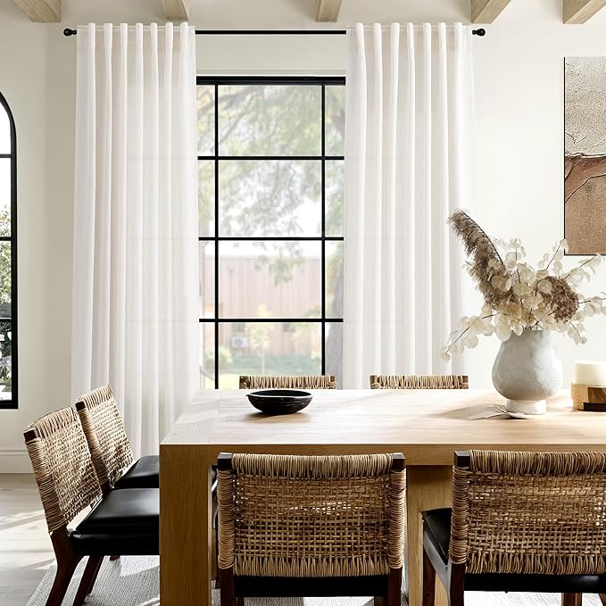 Ivory White Linen 112 Inch Curtains for Living Room Light Filtering Semi Sheer Curtain Back Tab Rustic Neutral Modern Farmhouse Decor Drapes Floor to Ceiling High Window for Bedroom 52x112, 2 Panels