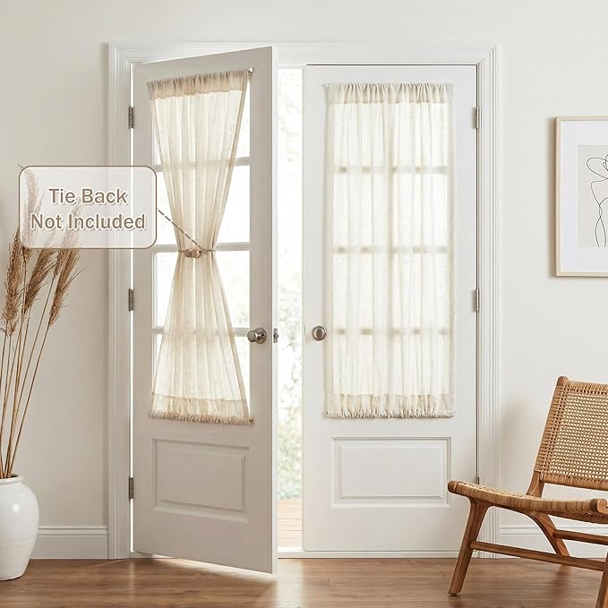 MYSKY HOME Linen French Door Curtains for Door Window 40 Inch Length 2 Panels Semi Sheer Light Filtering Curtain for Glass Small Window Drapes Rod Pocket for Bedroom Bathroom, Natural Linen, 26" Wide
