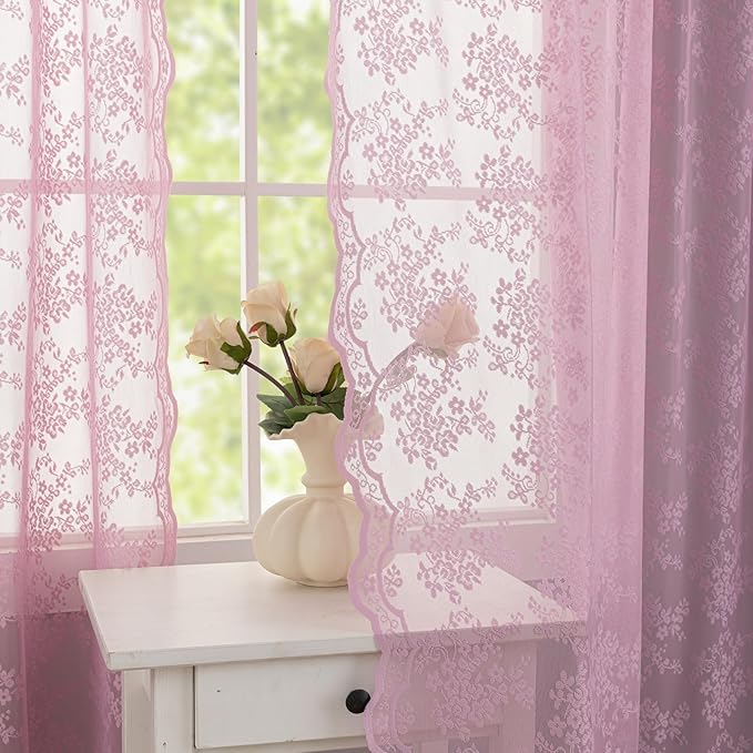 YJ YANJUN Vintage Lace Curtains 84 Inches Long-Victorian Floral Pattern Lalic Sheer Curtain Panels for Living Room Bedroom,Light Filtering, Cute Girls Drapes 2 Panels 52W x 84L Purple Blush
