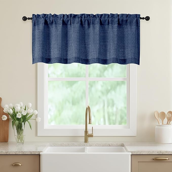 Navy Blue Valances for Windows, Light Filtering Faux Linen Textured Small Short Valance Curtains for Bathroom Basement Farmhouse, Rod Pocket Top Half Curtains for Windows, 60" Wx20 L