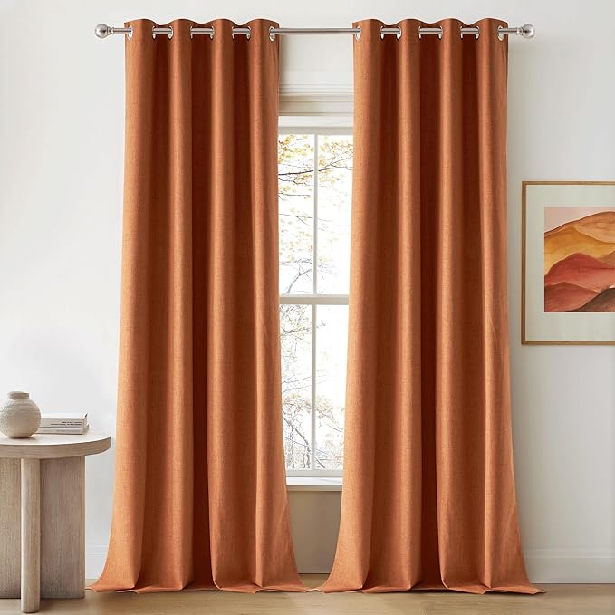 NICETOWN 100% Absolutely Blackout Linen Curtains with Thermal Insulated Liner, Terracotta, 52" Wide, 2 Panels, 95 inches Long Drapes, Grommet Retro Linen Curtains Vertical Drapes Privacy for Bedroom