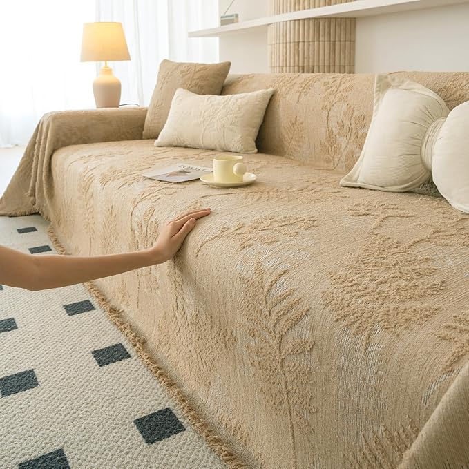 HANDONTIME Washable Couch Covers for Sofa Boho Couch Covers for 3 Cushion Sofa Pet Friendly Camel Chenille Jacquard Couch Protector for Dogs Plant Branch Sectional Cover Sofa Slipcovers, 71" X 150"