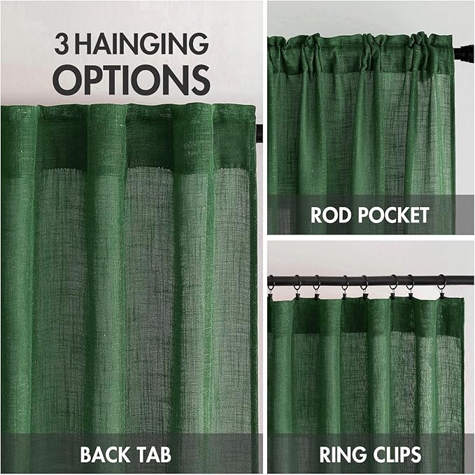 MIULEE Emerald Green Kitchen Curtains 24 Inch Length 2 Panels, Soft Thick Linen Textured Semi Sheer Light Filtering Short Cafe Tier Curtains for Small Half Window Back Tab Rod Pocket Christmas Decor