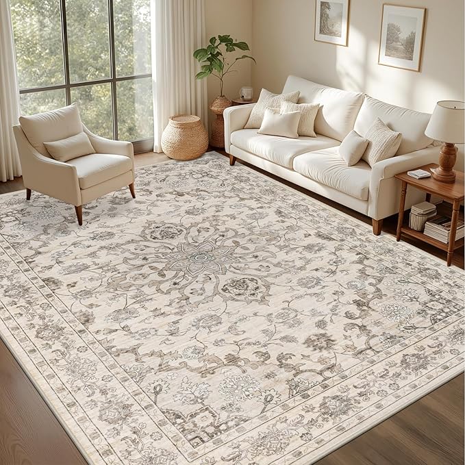 Area Rugs 9x12 Living Room Rug: Washable Rug Soft Vintage Distressed Floral Carpet Indoor Non-Slip Stain Resistant Large Carpets for Bedroom Dining Room Farmhouse Nursery Home Office Brown Beige