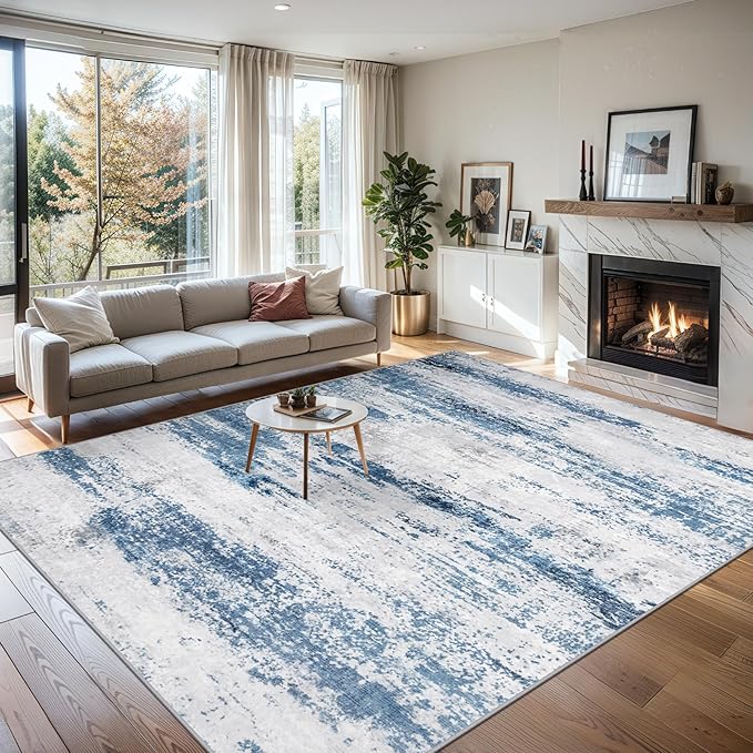 Area Rugs Living Room Rug - 4x6 Washable Modern Abstract Soft Neutral Non-Slip Carpet Large Indoor Floor Thin Carpets for Bedroom Dining Room Farmhouse Nursery Home Office White Blue Grey