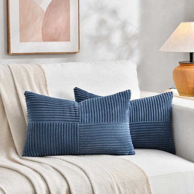 Fancy Homi 2 Packs Dusty Blue Lumbar Decorative Throw Pillow Covers 16x28 Inch for Couch Bed Sofa, Rustic Farmhouse Boho Home Decor, Soft Striped Corduroy Rectangle Accent Cushion Case 40x70 cm
