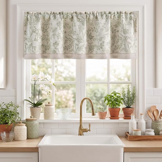 jinchan Linen Valance Curtain Farmhouse Floral Printed Small Window Curtain for Kitchen Rustic Country Light Filtering Valance for Living Room Bedroom 16 Inch Rod Pocket 1 Panel Sage Green on Beige