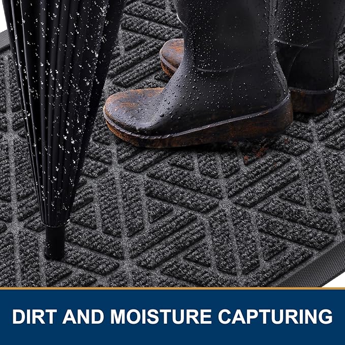 Smiry Front Door Mat Outside Entrance, Heavy Duty Sturdy Natural Rubber Doormat, Trap Dirt and Moisture, Easy Clean Low Profile Mats for Indoor Outdoor Entry, Grid Geometric (29.5x17, Grey)