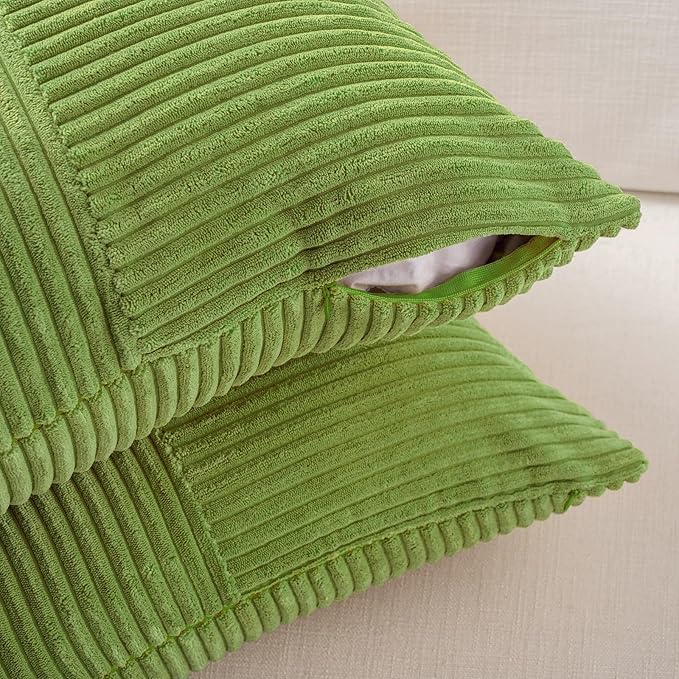 Fancy Homi Set of 2 Lime Green Decorative Throw Pillow Covers 16x16 Inch for Living Room Couch Bed, Modern Farmhouse Boho Home Decor, Soft Striped Corduroy Textured Square Cushion Case 40x40 cm