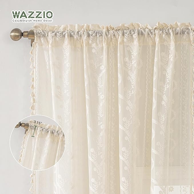 WAZZIO Boho Lace Curtains 2 Panels 63 Inches -Cute Vintage Victorian Sheer Panel Drape French Country Floral Pattern & Tassel Light Filtering Privacy for Bedroom Dining Living Room,Beige,W52x L63