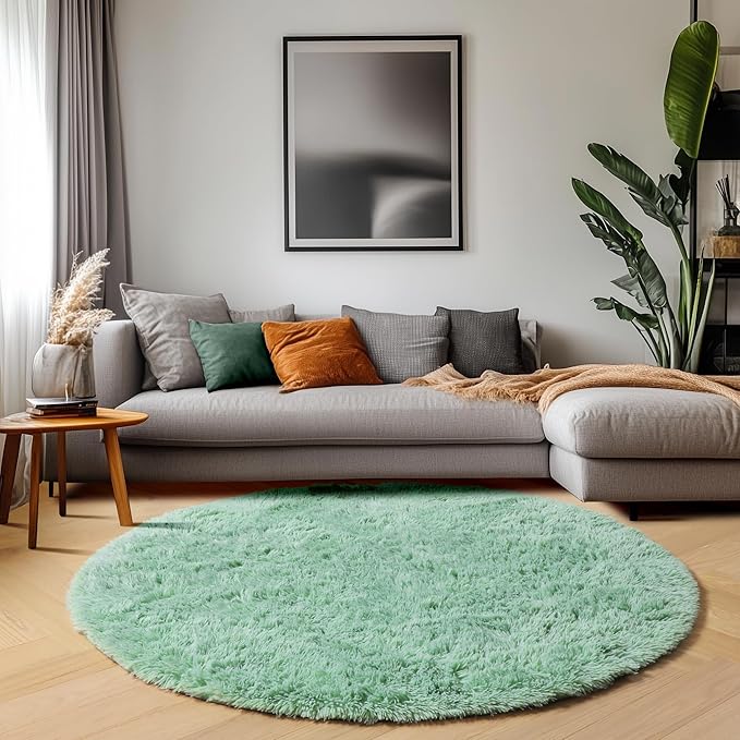 ONASAR Sage Green Round Area Rug 4ft, Fluffy Soft Bedroom Circle Rugs for Kids Girls Boys Teen Dorm Room, Cute Furry Plush Shaggy Carpet for Nursery Living Room Playroom Christmas Home Decor