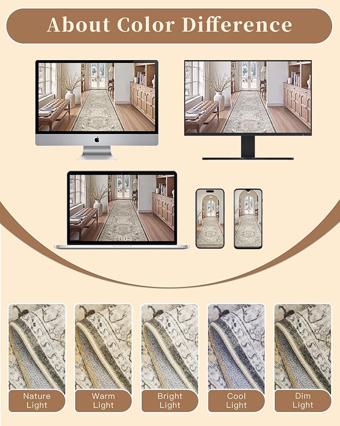 Madane Hallway Runner Rug - 2x5 Rug Runner Washable Runner Rugs Non-Slip Low-Pile Kitchen Runner Rug Laundry Room Rug Throw Carpet for Entrance Bedroom Living Room (2'x5', Ivory/Brown)