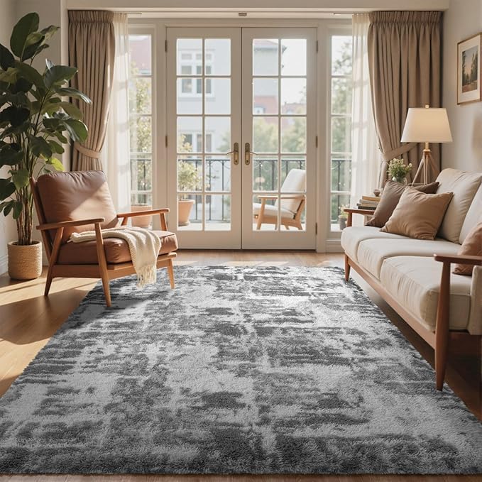 5x7 Ft Large Shag Rugs for Bedroom Living Room, Tie Dyed Ultra Soft Fluffy Furry Area Rug for Indoor Floor, Aesthetic Carpet for Home Decor (Grey)