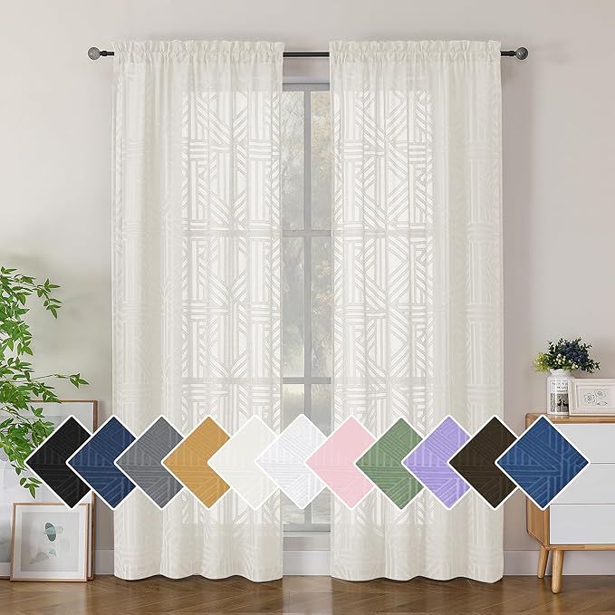Simplebrand Ivory Sheer Curtains 72 Inch Length 2 Panels for Living Room, Light Filtering Geometric Jacquard Clip Textured Rod Pocket Semi Sheer Curtains for Front Back Patio Glass Door，42x72 inch
