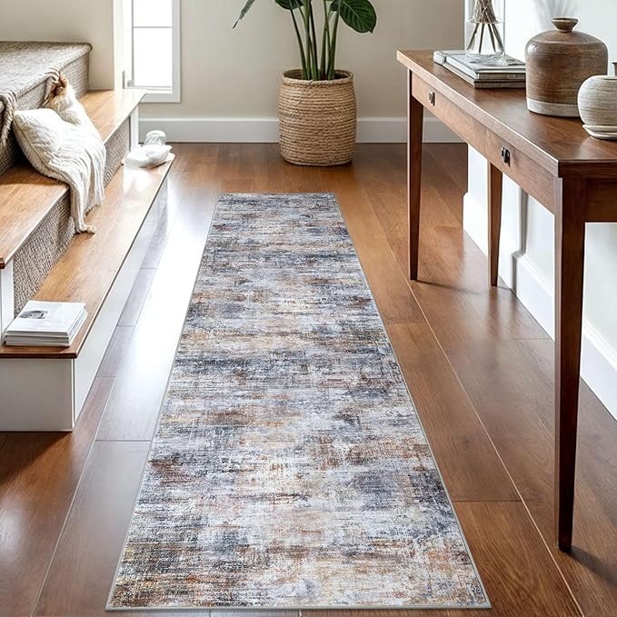 IOHOUZE Abstract Runner Rug 2x8 Ft Washable Runners for Hallways, Non Slip Kitchen Runner Soft Printed Faux Wool Entryway Runner Indoor, Modern Abstract Floor Carpet for Hall Bedroom, Orange Grey