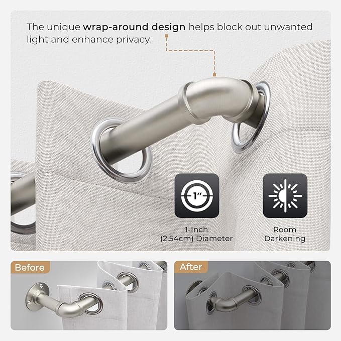 Zeerobee Curtain Rods for Windows 66 to 120, 1 Inch Industrial Wrap Around Brushed Nickel Curtain Rod, Indoor/Outdoor Room Divider Adjustable Drapery Pole, 66"-120"