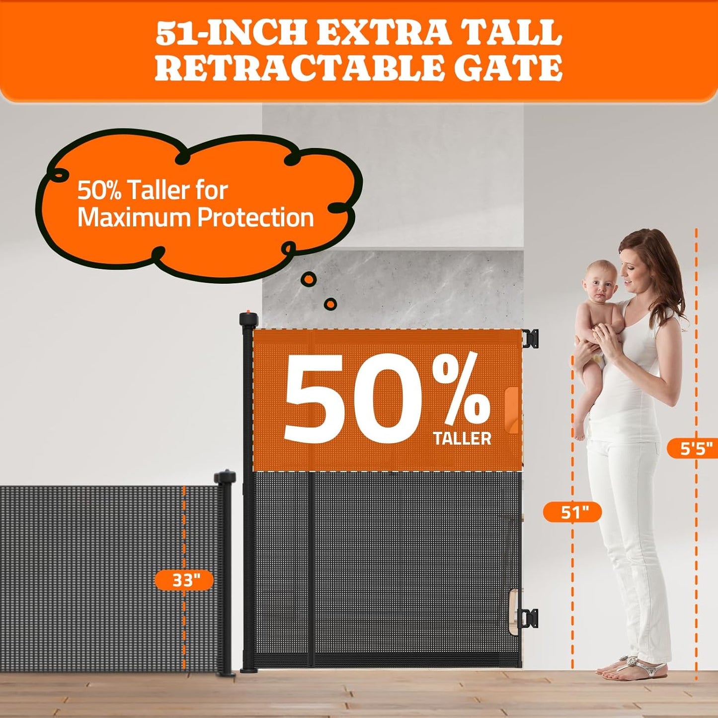 Extra Tall Retractable Baby Gates: 51" Tall Pet Gate, Extend up to 120" Wide, Mesh Baby Gate with Support Rods Jump-Proof Design for Cats & Large Dogs High Dog Cat Door Indoor Outdoor, Black