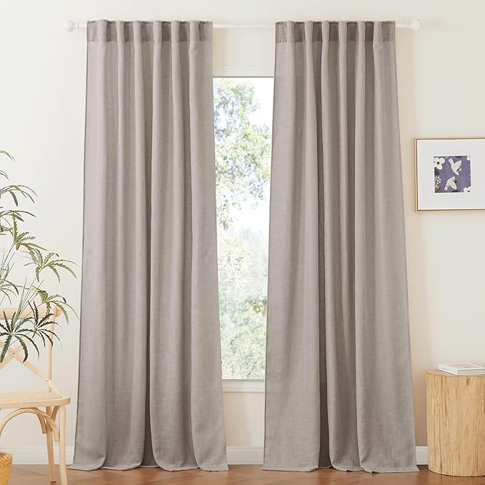 RYB HOME Linen Textured Curtains Semi Sheer Window Curtains Light Filtering Ariy Privacy Sheers for Bedroom Living Room Bathroom Patio Door, Birch Brown, 52 inch Wide x 84 inch Long, 2 Panels
