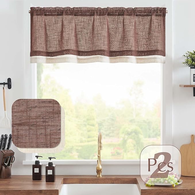jinchan Linen Farmhouse Valances for Living Room Windows 16 Inch Slubbed Crossed Double Layer Window Valances Light Filtering Rustic Country Overlay Rod Pocket 2 Panels Brown