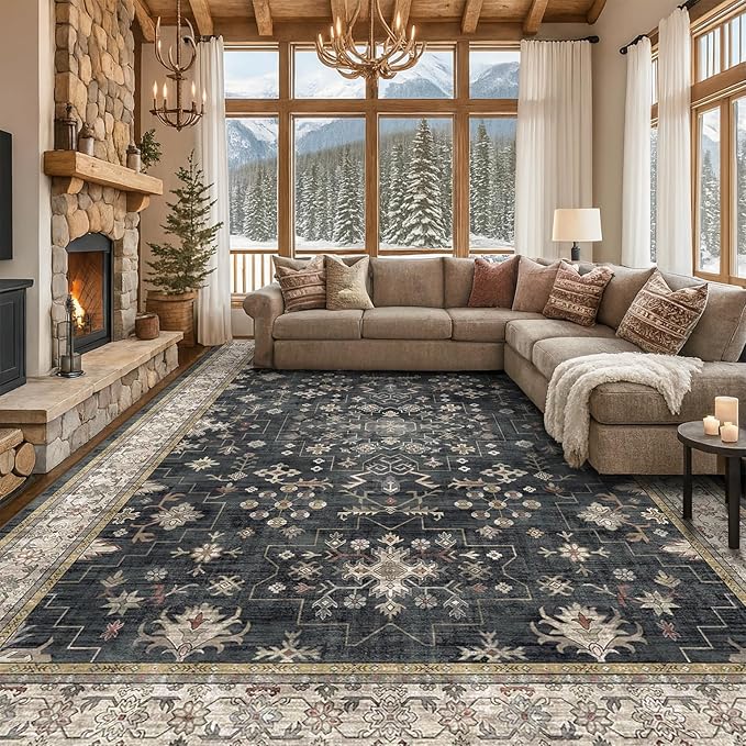 Boho Black Rug for Living Room - Washable 10x14 Area Rug, Dining Room Rugs for Under Table, Soft Low Pile Carpet for Large Bedroom - Farmhouse Decor, Non-Slip & Stain Resistance (10x14 Black/Multi)