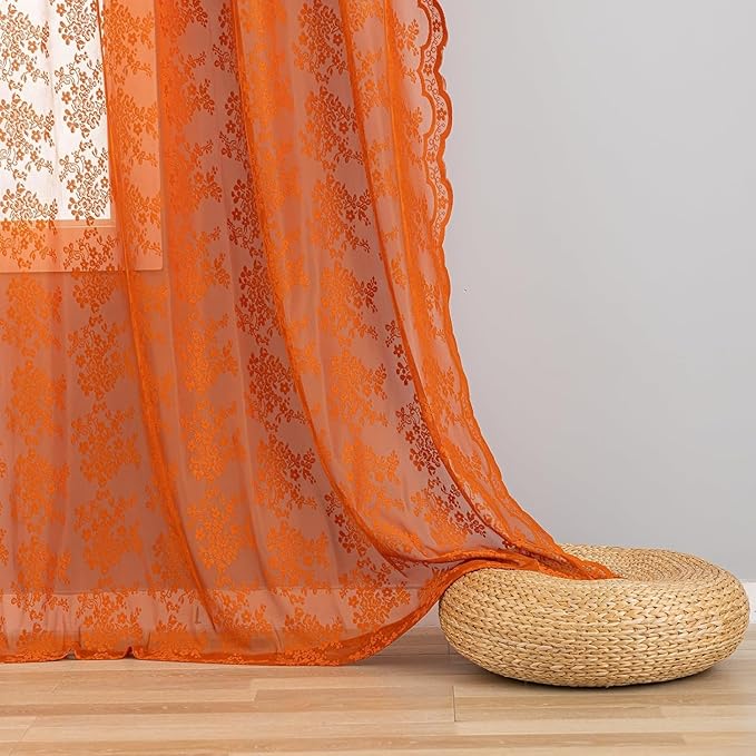 YJ YANJUN Vintage Lace Curtains 90 Inches Long-Rustic Floral Burnt Orange Sheer Curtain Panels for Bedroom Dining Room Office,Light Filtering, Boho Neutral Aesthetic Decor 52 Wx90L Terracotta