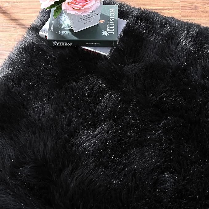 ORINOVA Black Rugs for Living Room 8x10 Area Rugs for Bedroom Shag Washable Faux Sheepskin Fuzzy Fur Rug Large Boho Nursery Rug