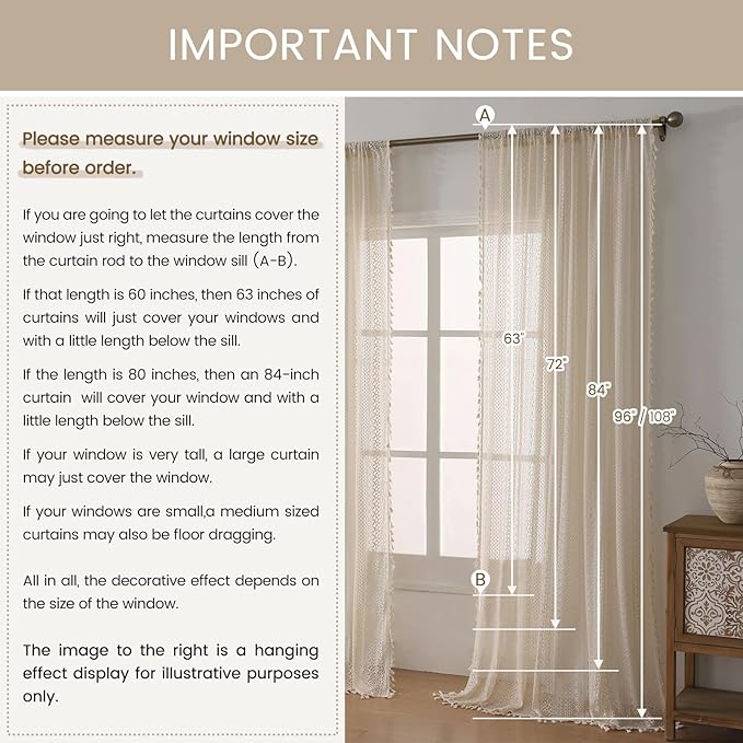 WAZZIO Boho Lace Curtains 72 Inches 2 Panel,Light Filtering Privacy Tassel & Geometry Crochet Semi Sheer Curtain Drapes for Bedroom Living Dining Room,Rod Pocket & Tassel,Vintage French Country,Beige
