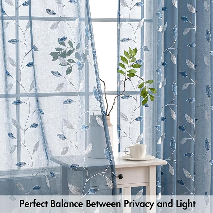 MIULEE Stone Blue Sheer Curtains 2 Panels Embroidered Leaf Patterned Rod Pocket Floral Semi Sheer Faux Linen Window Curtains Drapes Set for Living Room Bedroom Dining Room, 52x96 Inches Long