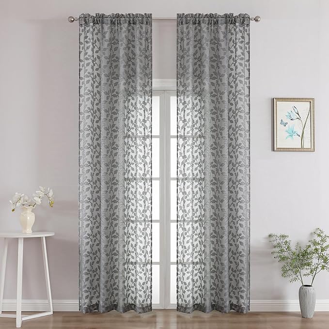 Chyhomenyc Charcoal Grey Sheer Curtains 96 Inch Length 2 Panels Set, Light Filtering Tufted Textured Soft Airy Rod Pocket Gentle Leaf Window Treatment Drapes for Bedroom Living Room, 42" Wx96 L, 2PCS