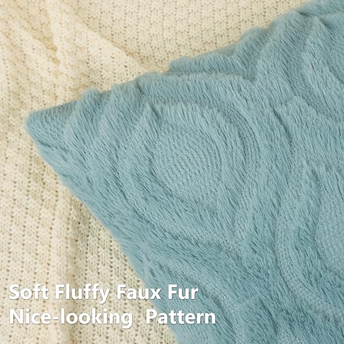 decorUhome Summer Throw Pillow Covers 22x22 Inch Set of 2, Soft Plush Faux Wool Aqua Solid Couch Pillow Covers, Accent Euro Sham Farmhouse Neutral Square Pillow Cases for Sofa Bed Living Room