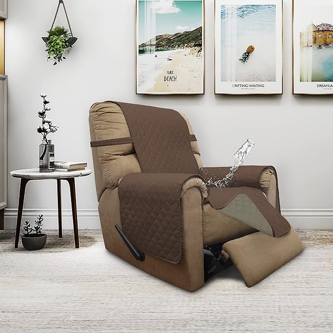 ISSUNTEX Double Protection 100% Waterproof Recliner Covers for Living Room, Reversible Furniture Protector Recliner Couch Sofa Slipcover for Dogs, Pets, Kids (Recliner, Brown/Beige)