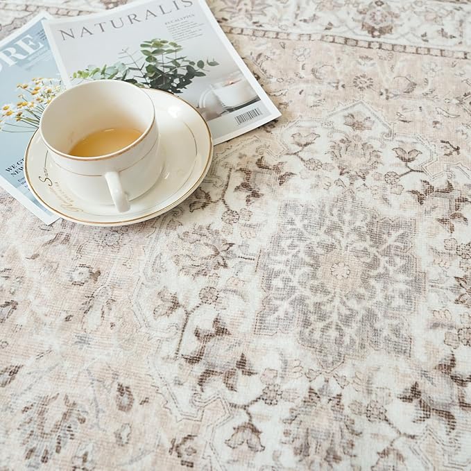 Hallway Washable Runner Rug - 2'6x12 Kitchen Rugs Entryway Rug Runner Vintage Soft Floor Mat Non Slip Indoor Farmhouse Carpet for Bathroom Living Room Bedroom (2'6''x12', Beige)