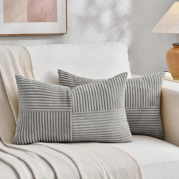 Fancy Homi 2 Packs Grey Lumbar Decorative Throw Pillow Covers 16x28 Inch for Living Room Couch Bed Sofa, Rustic Farmhouse Boho Home Decor, Soft Striped Corduroy Rectangle Accent Cushion Case 40x70 cm