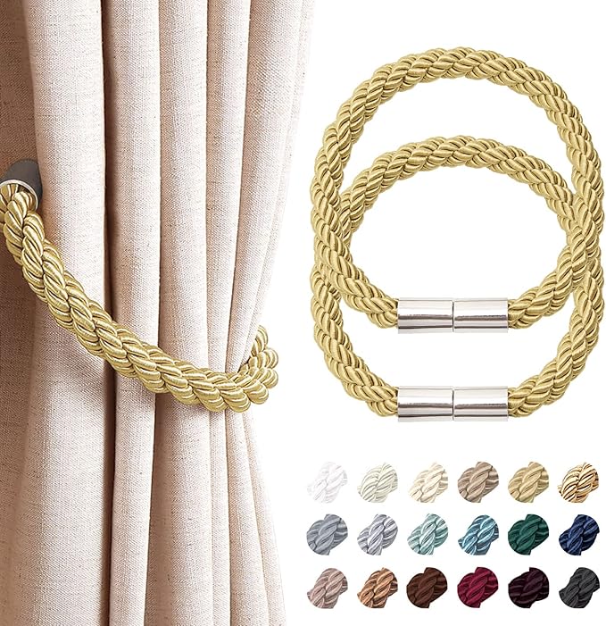 NICEEC 2 Pack Strong Magnetic Curtain Tiebacks Modern Simple Style Drape Tie Backs Convenient Decorative Weave Rope Curtain Holdbacks for Thin or Thick Home & Office Window Draperies (Gold)