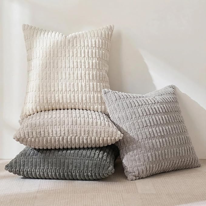 Fancy Homi Set of 4 Grey and White Boho Decorative Throw Pillow Covers 28x28 Inch for Couch Bed Sofa, Aesthetic Modern Bohemian Room Decor, Fuzzy Fluffy Cozy Corduroy Textured Cushion Case 71x71cm