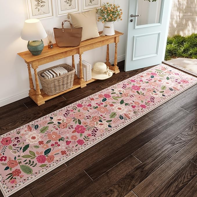 Rugcomf Runners for Hallways Kitchen Runner Rug Non Slip 2'x 10' Long Washable Rugs with Rubber Backing Soft Floral Carpet Runner for Hallways, Kitchen, Laundry, Bedroom, Bathroom(Pink)