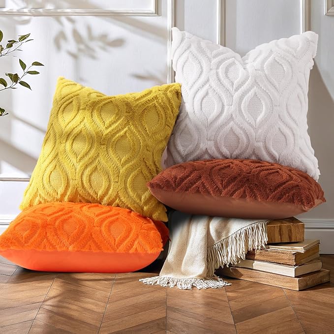 decorUhome Summer Throw Pillow Covers 22x22 Inch Set of 2, Soft Plush Faux Wool Mustard Yellow Solid Couch Pillow Covers, Accent Euro Sham Farmhouse Square Pillow Cases for Sofa Bed Living Room