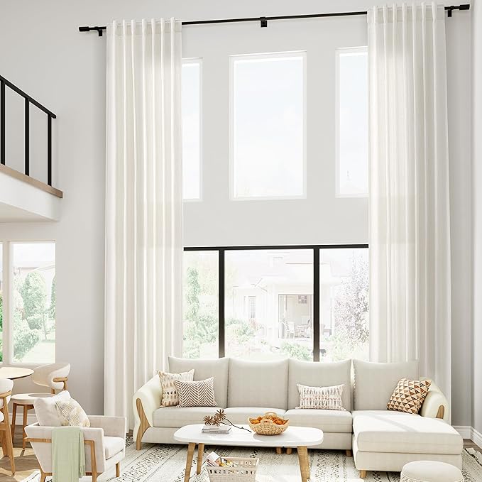 Cream Linen Curtains 192 Inches Long 2 Panels Set for Living Room Extra Long Back Tab Curtains Neutral Farmhouse Light Filtering Semi Sheer Linen Drapes Ceiling to Floor for Large Window 52x192