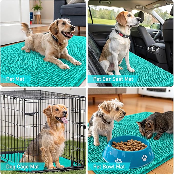 OLANLY Dog Door Mat for Muddy Paws 24x16, Absorbs Moisture and Dirt, Absorbent Non-Slip Washable Doormat, Quick Dry Chenille Mud Mat for Dogs, Entry Indoor Entryway Carpet for Inside Floor, Teal